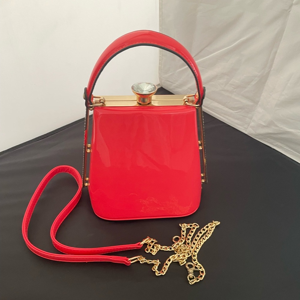 La Terre Orange Vegan Purse Detachable  Gold Chain Strap, Gem Clasp Fashion